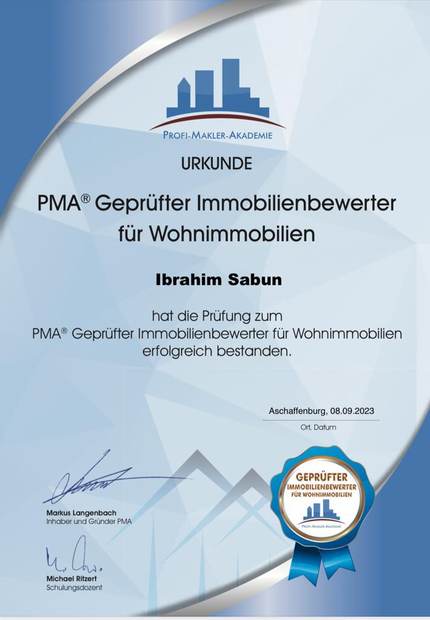 PMA Geprüfter Immobilienbewerter fuer Wohnimmobilien - Urkunde Ibrahim Sabun