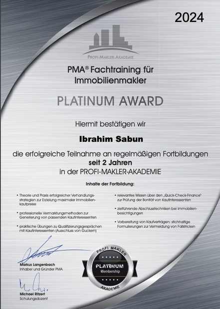 PMA Platinum Award 2024 - Ibrahim Sabun, Profi-Makler-Akademie
