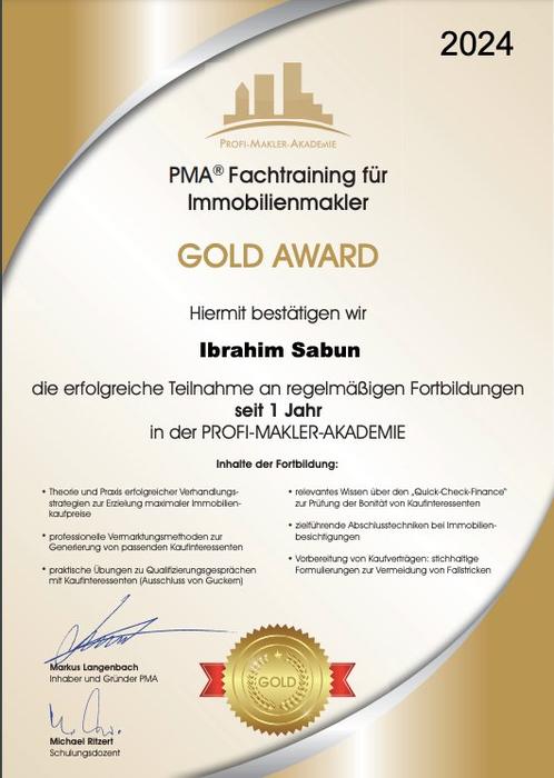PMA Gold Award 2024  -  Ibrahim Sabun Profi-Makler-Akademie