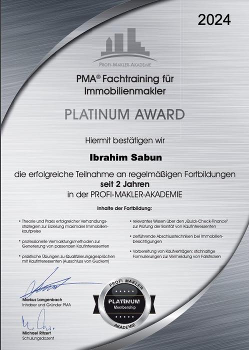 PMA Platinum Award 2024  -  Ibrahim Sabun Profi-Makler-Akademie