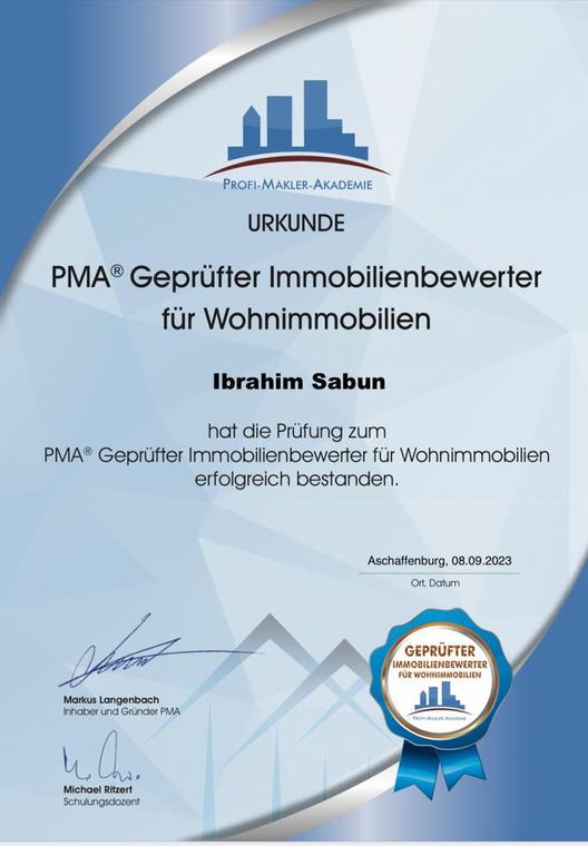 PMA Geprüfter Immobilienbewerter Urkunde  -  Ibrahim Sabun Wohnimmobilien